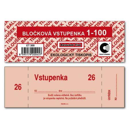 Bločkové vstupenky - 133 x 39 mm / 1-100 / 4 odstíny barev / ET300