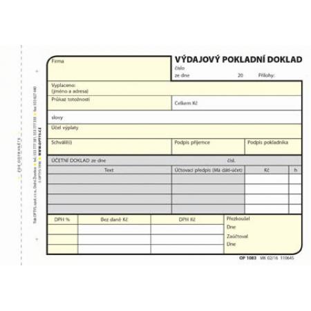 Výdajový pokladní doklad Optys  -  A6 / 100 listů NCR / 1083