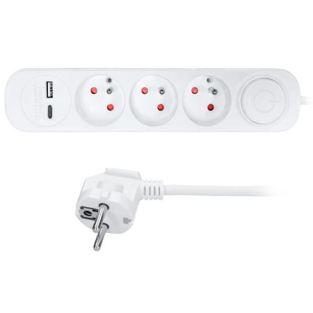 Solight prodlužovací přívod s USB A+C / bílý / vypínač / 3 zás. / 2m